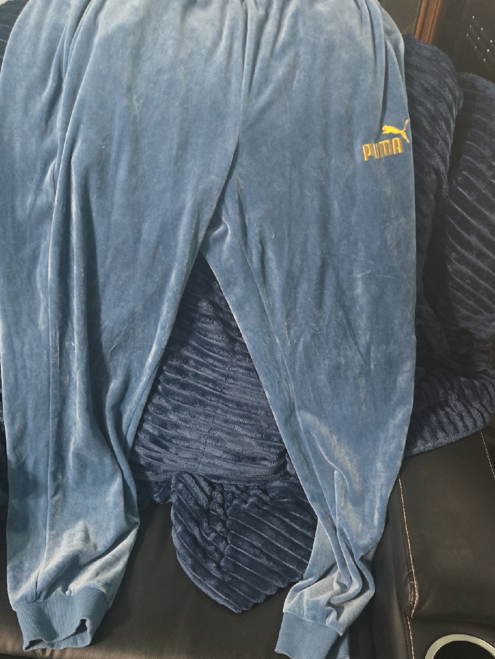 Puma Mens Velour Joggers in Dusty Blue with Yellow Logo